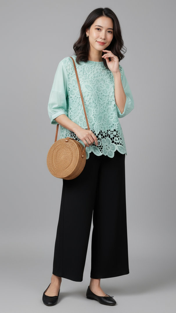 Mint Floral Lace Cotton Blouse Top