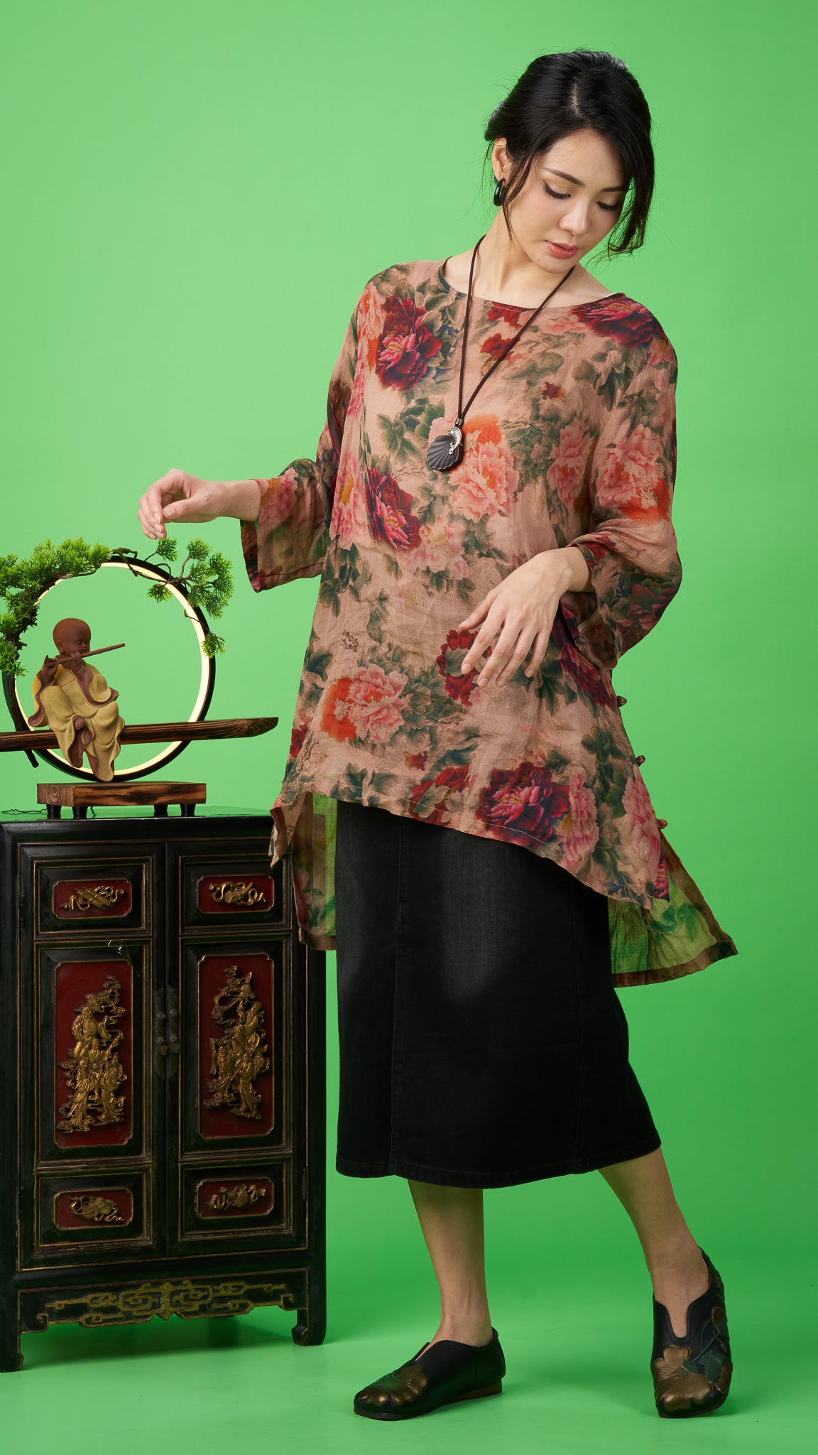 Beige Floral Print Linen Long Tunic Top