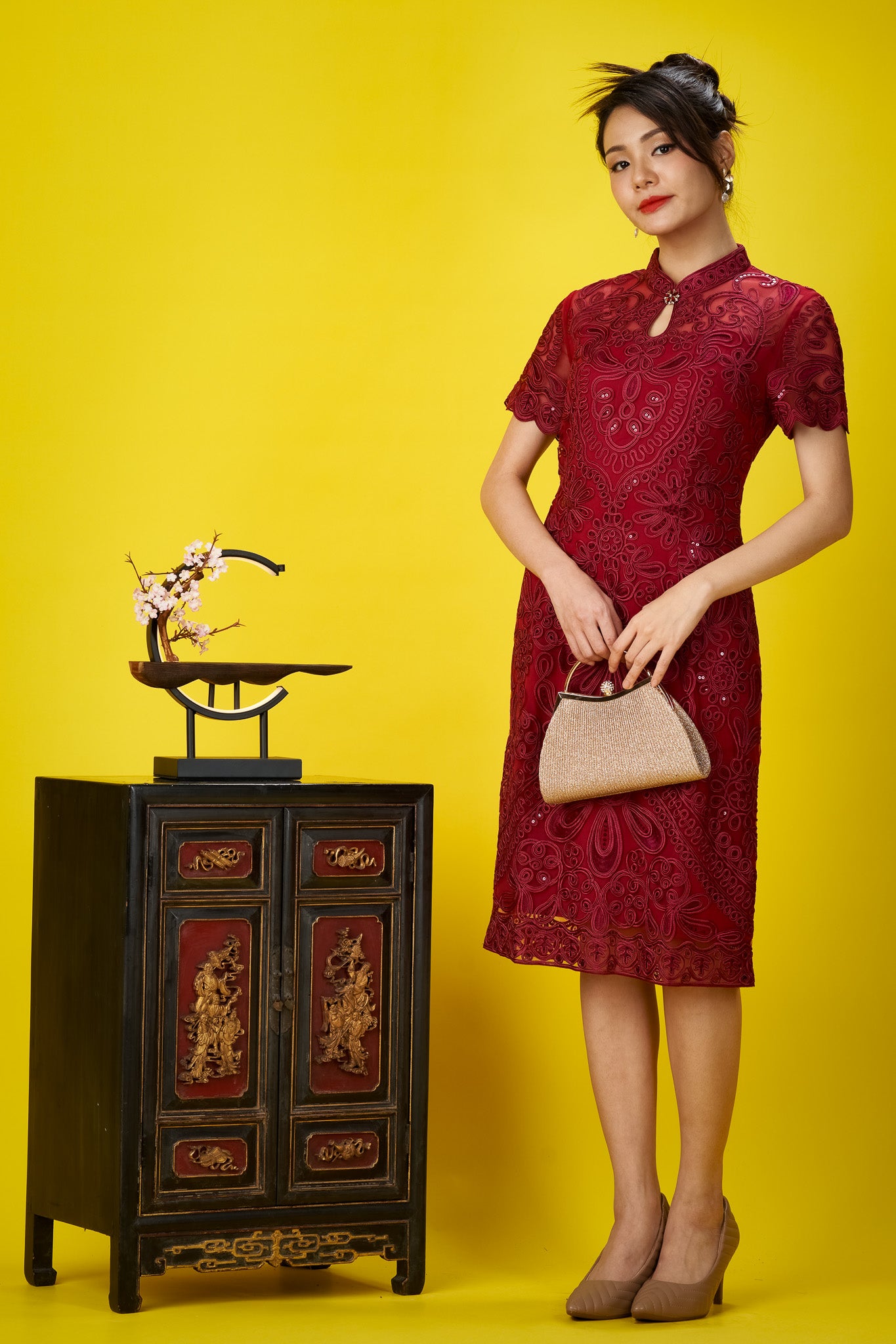Red Embroidered Soutache Lace Sleeved Cheong Sam