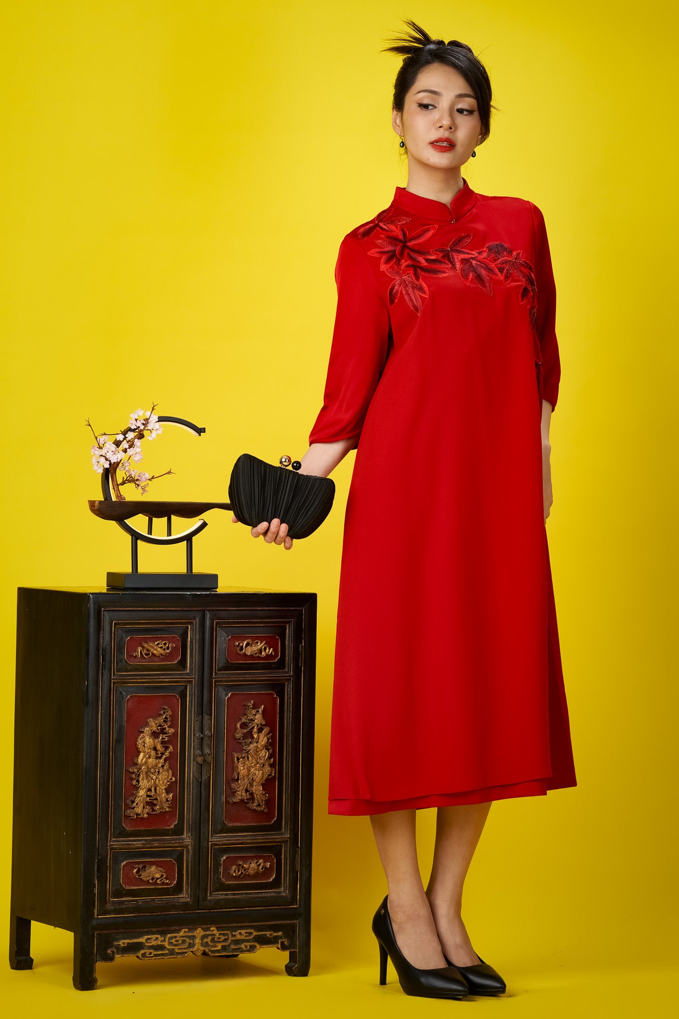 Red Embroidered Dress with 3/4 Sleeves and Mandarin Collar