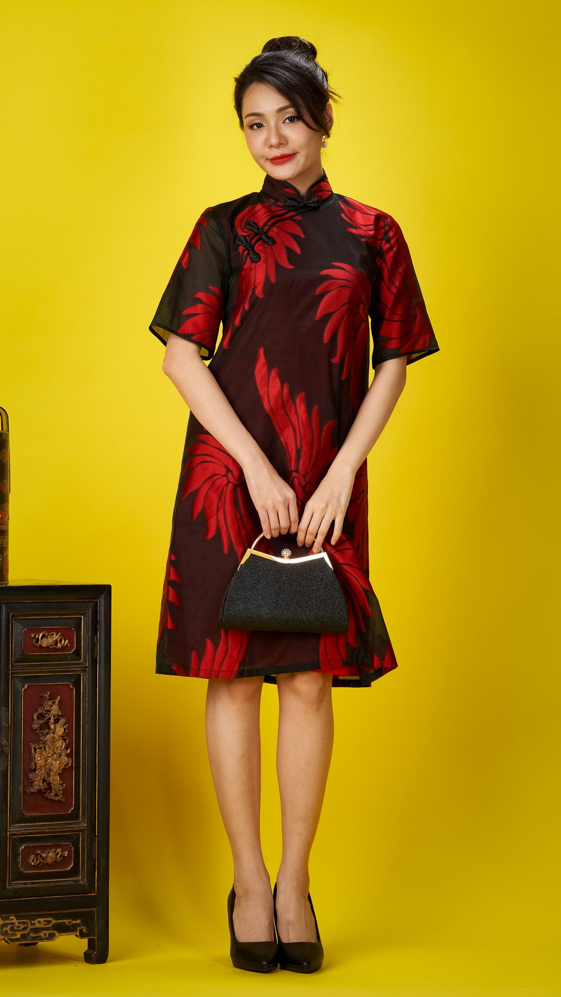 Red & Black Patterned Organza A-line Cheong Sam Dress
