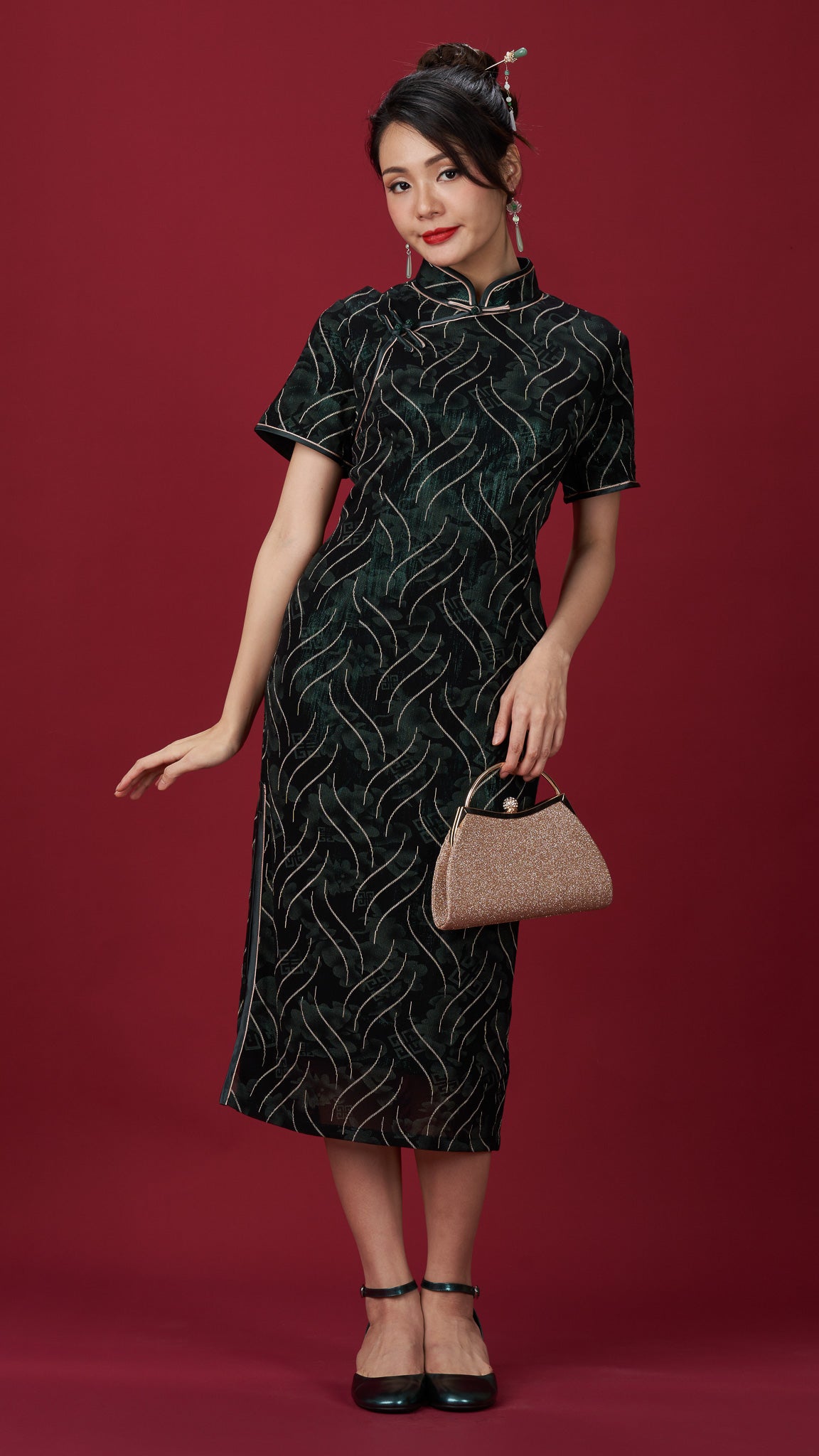 Dark Green Wave Patterned Netting Cheong Sam