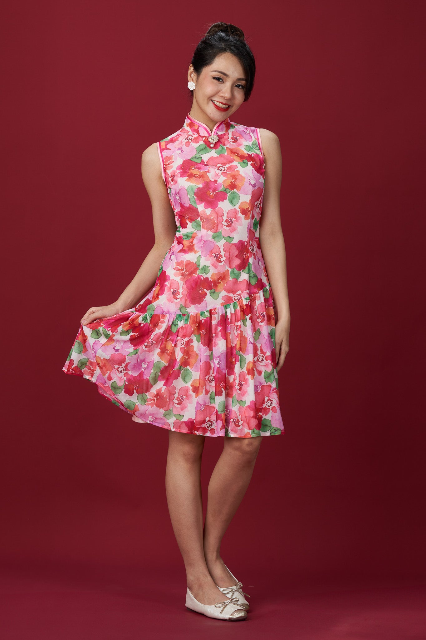 Floral Netting Sleeveless Flared Cheong Sam