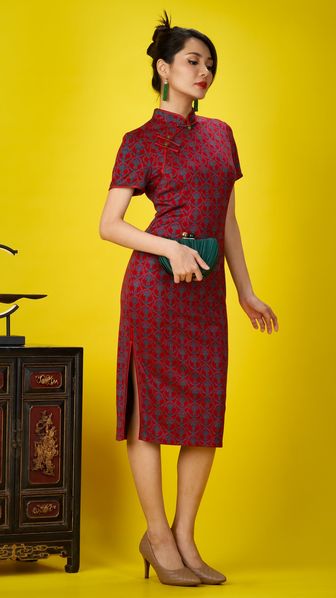 Patterned Red Cotton Stretch Cheong Sam