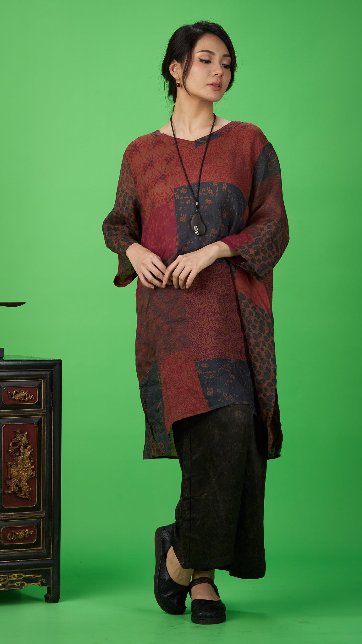 Maroon Floral Patchwork Print Linen Tunic Top