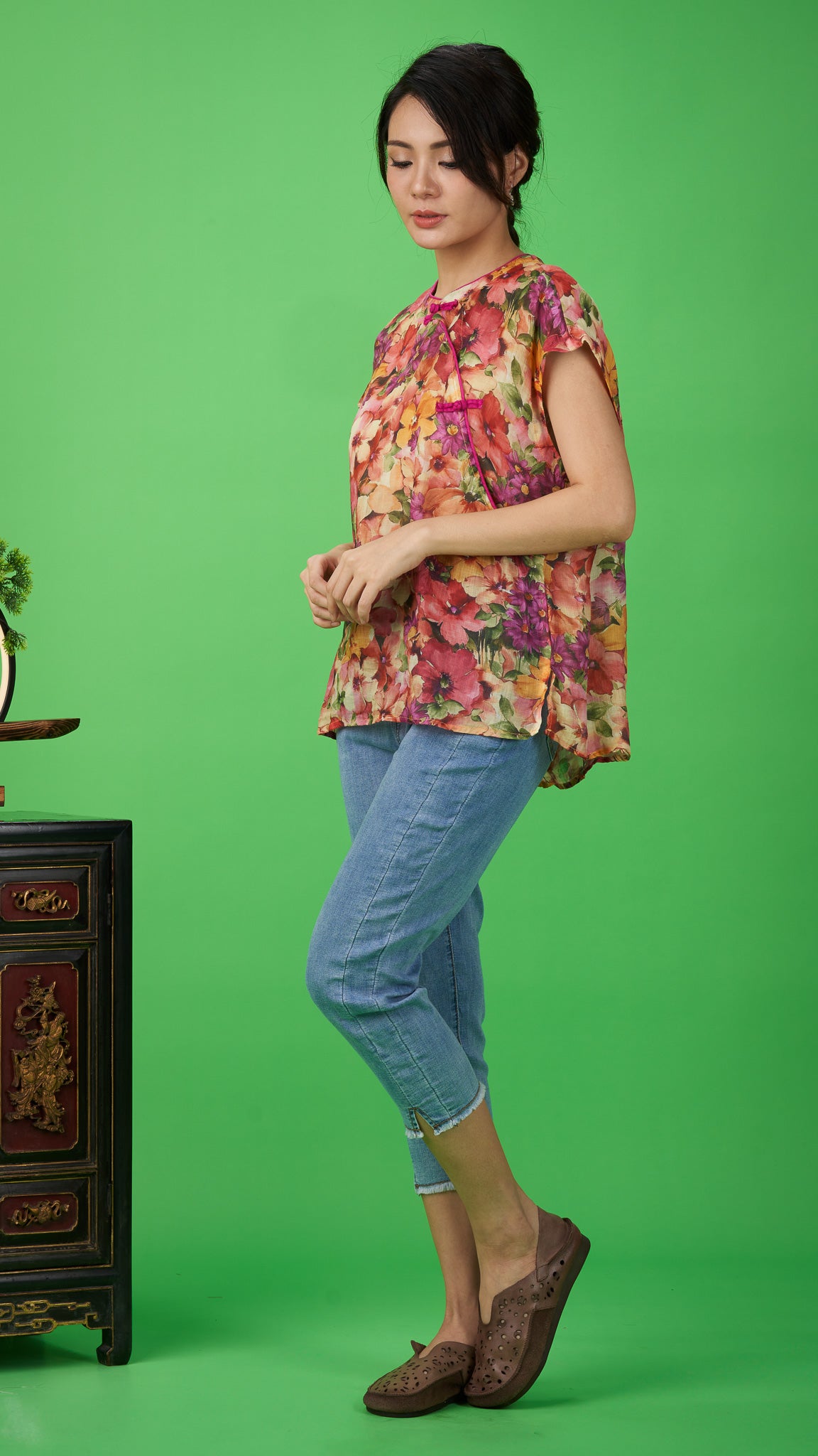 Orange Floral Print Linen Drop-shoulder Top