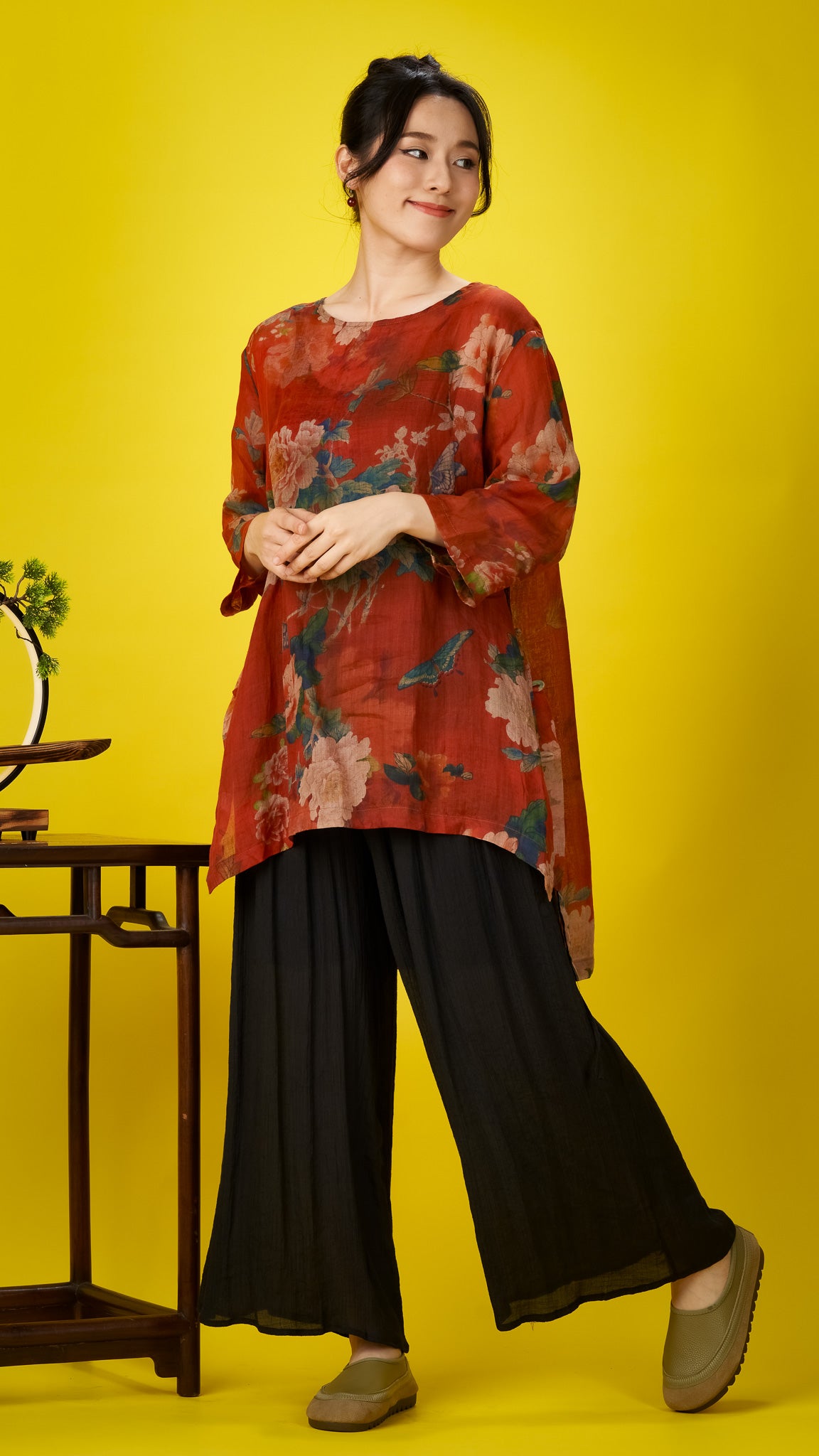 Maroon Floral Print Linen Long Tunic Top