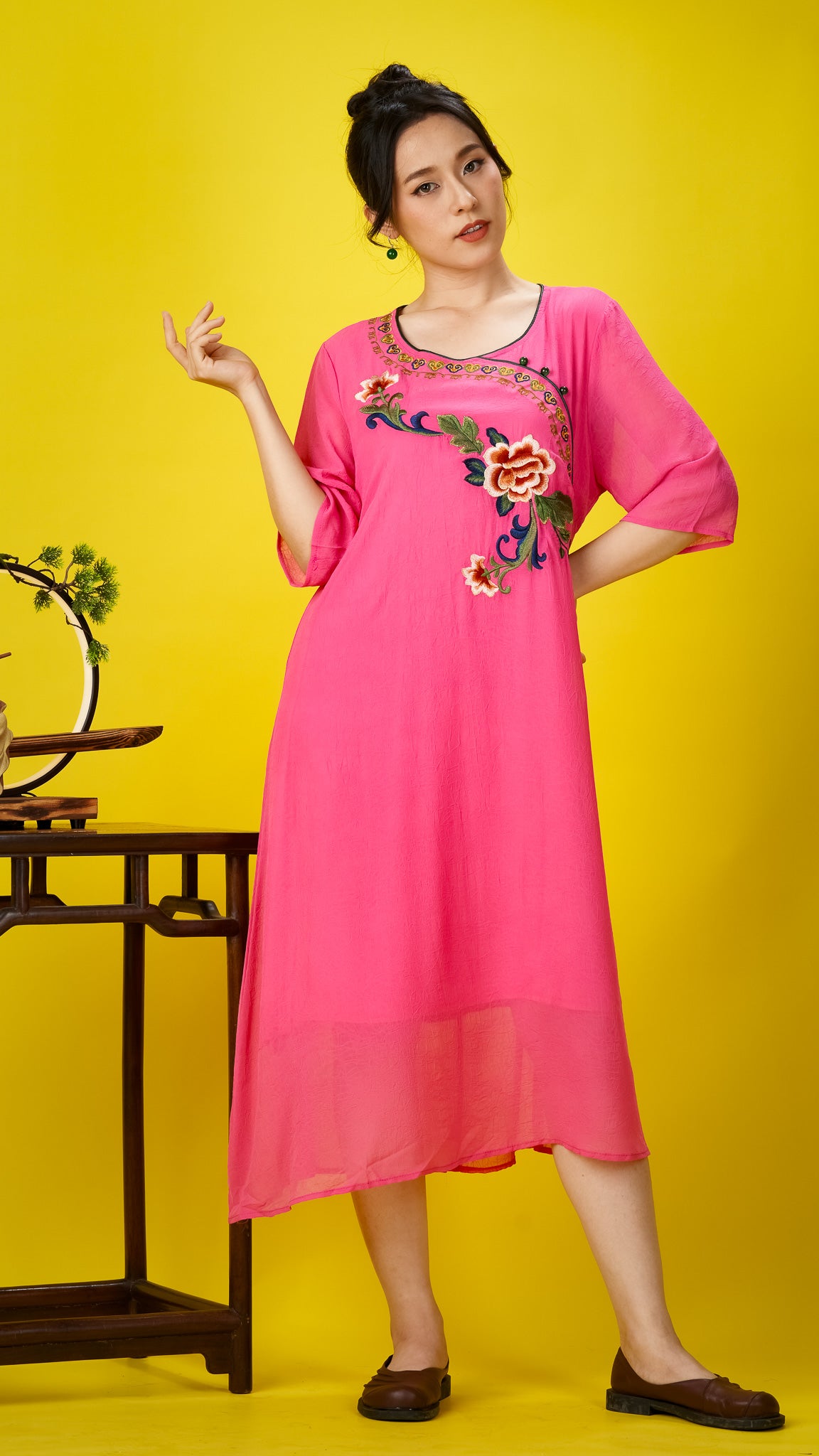 Floral Embroidered Fuchsia Chiffon Dress