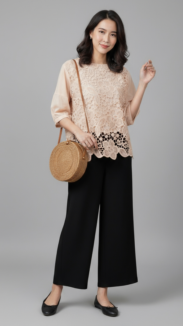 Light Beige Floral Lace Cotton Blouse Top