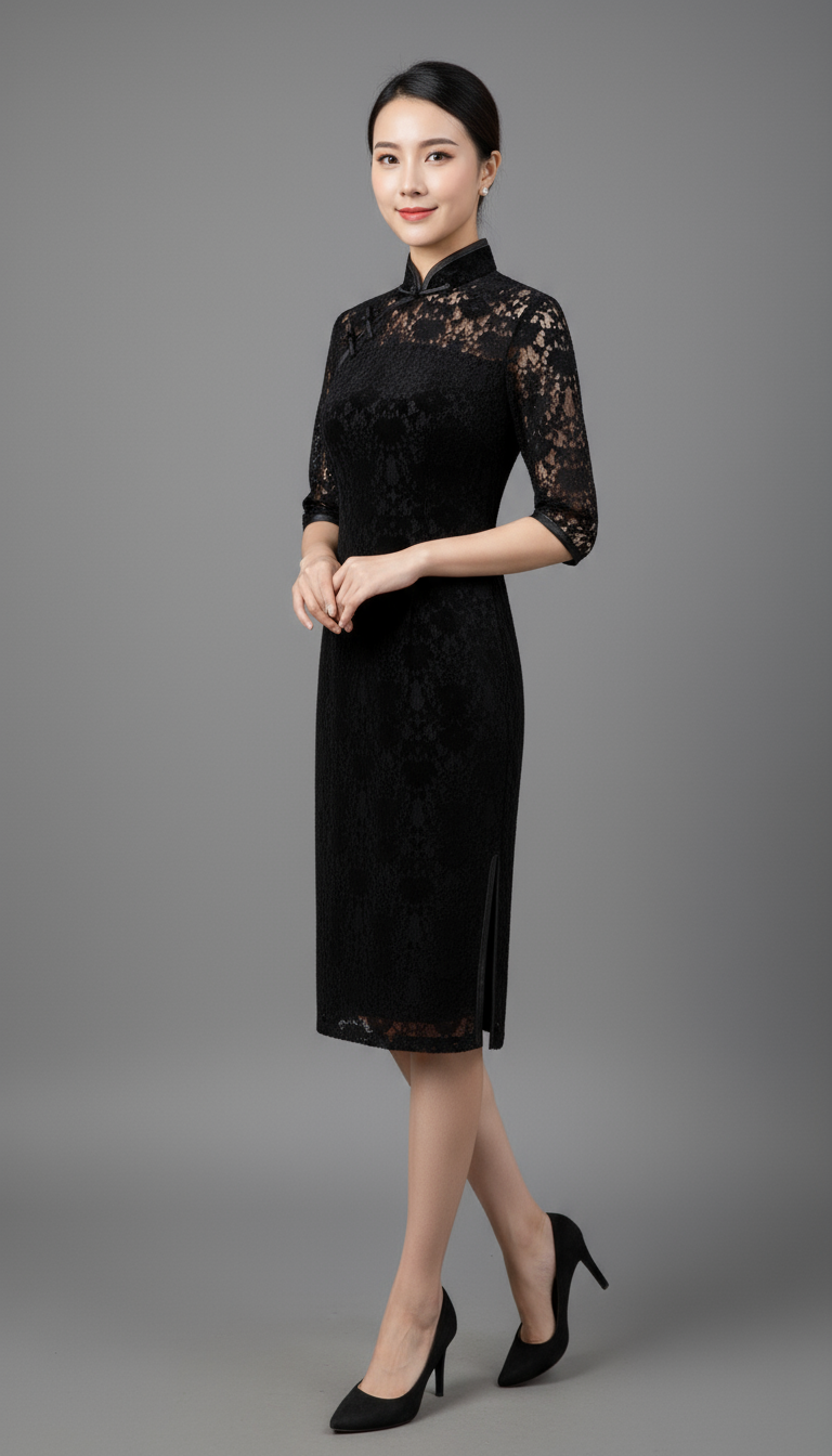 Black Velvet Lace Black Lined Cheong Sam