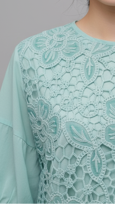 Mint Floral Lace Cotton Blouse Top