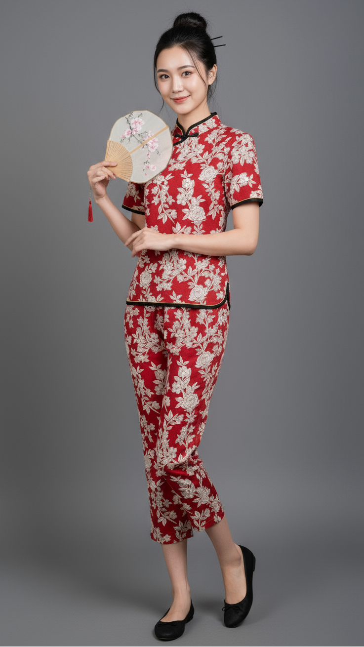 Woman wearing a red and white floral dress holding a fan against a gray background