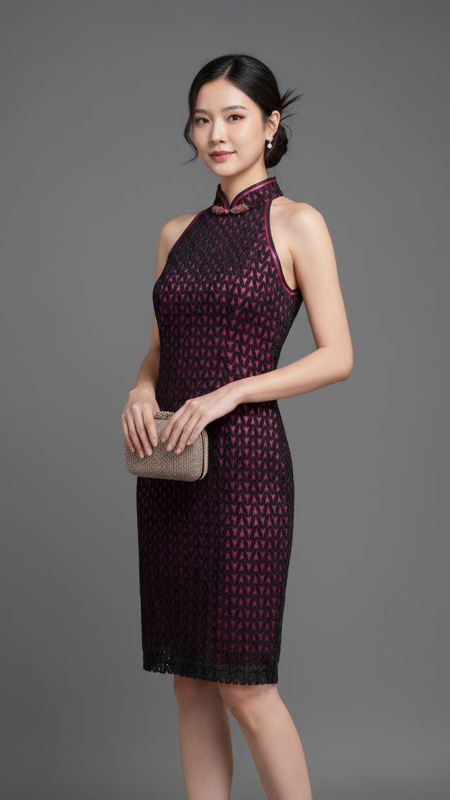 Black Lace Fuchsia Lined Halter Neck Cheong Sam