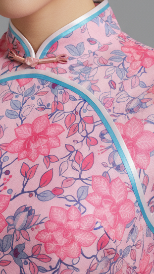 Woman wearing a pink floral dress against a gray background