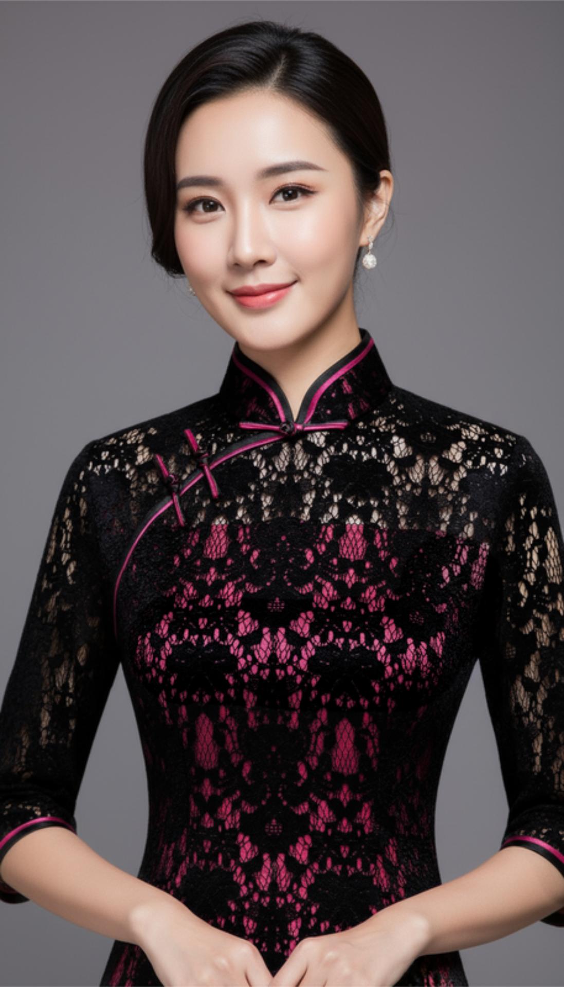 Black Velvet Lace Fuchsia Lined Cheong Sam