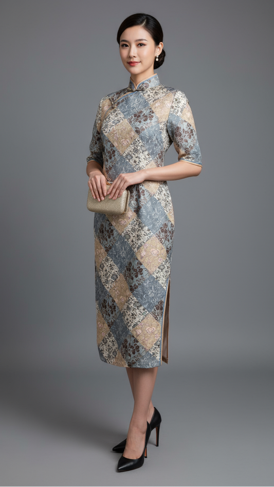 Classic Pastel Green & Yellow Textured Jacquard Floral Patchwork Cheong Sam