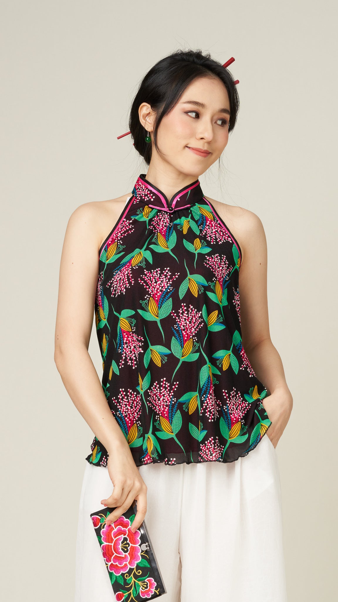 Black & Fuchsia Floral Netting Halter Top With Mandarin Collar