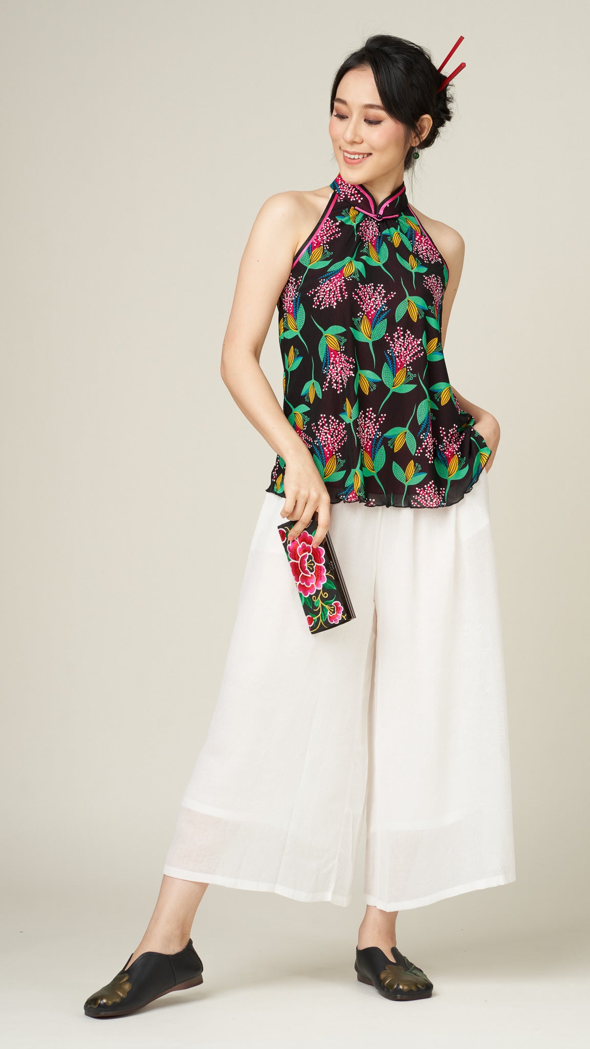 Black & Fuchsia Floral Netting Halter Top With Mandarin Collar