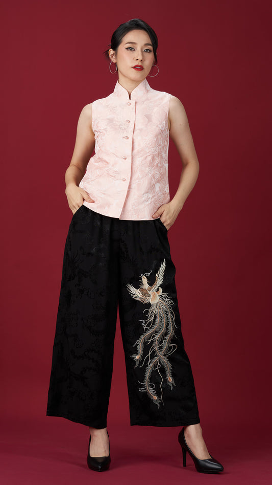 Peach Embossed Jacquard Sleeveless Top With Mandarin Collar