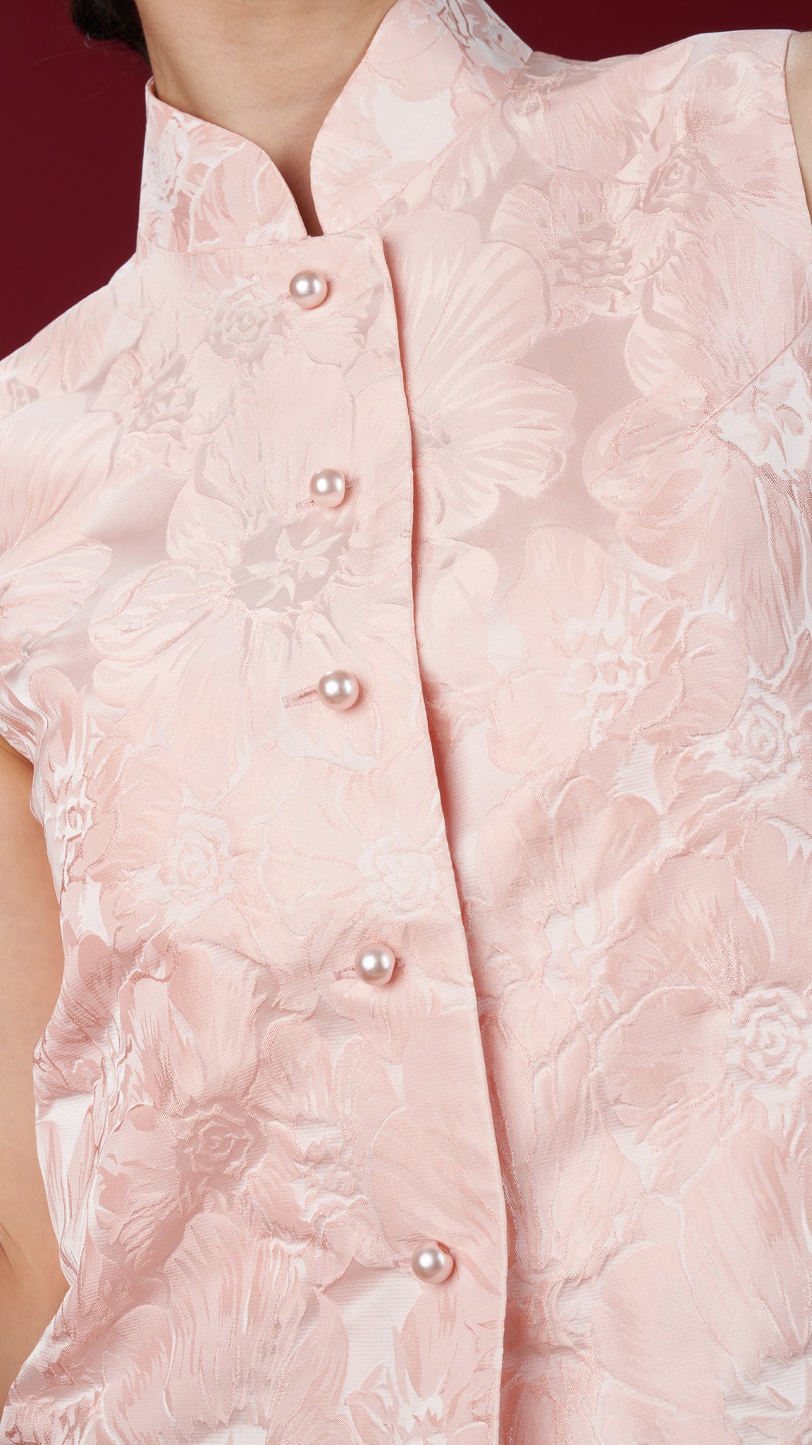 Peach Embossed Jacquard Sleeveless Top With Mandarin Collar