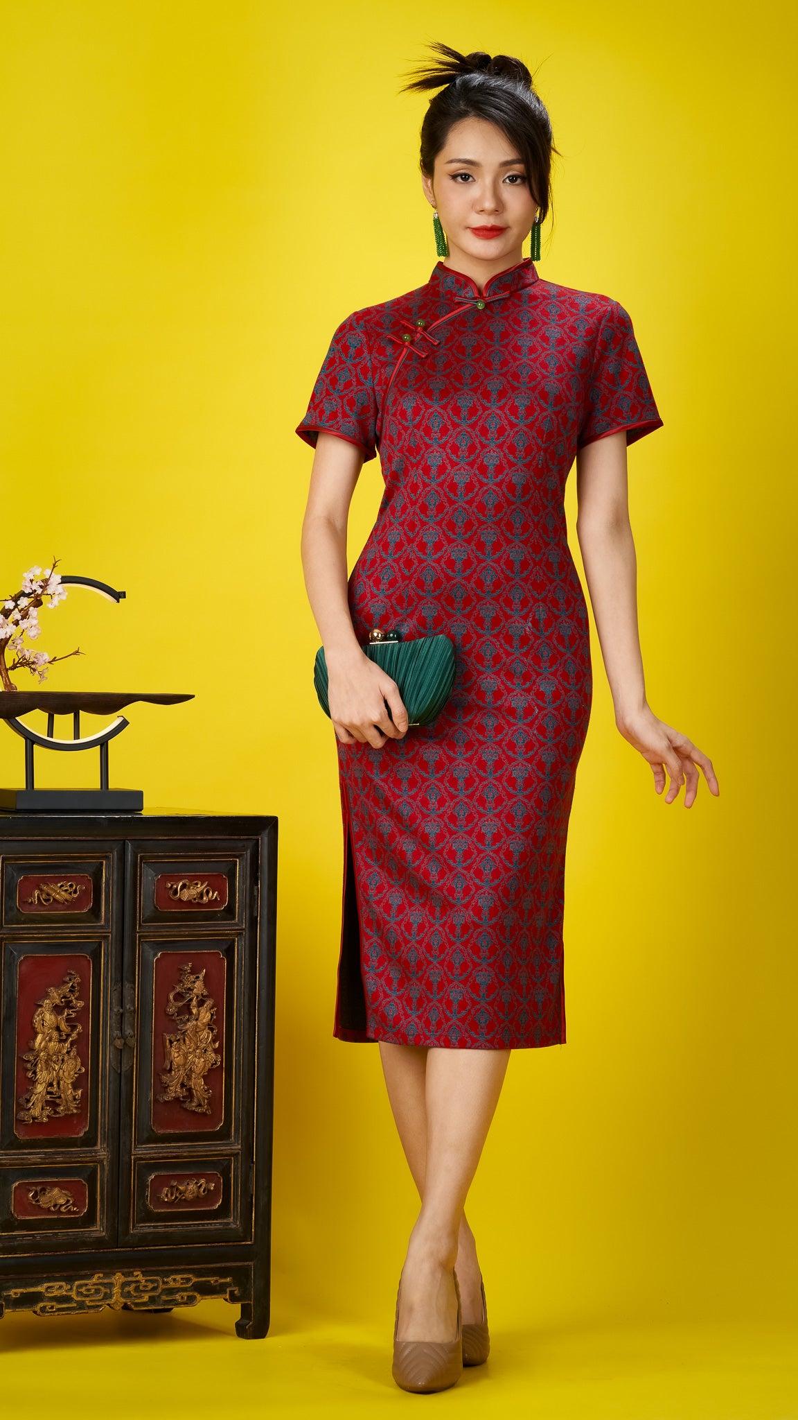 Patterned Red Cotton Stretch Cheong Sam
