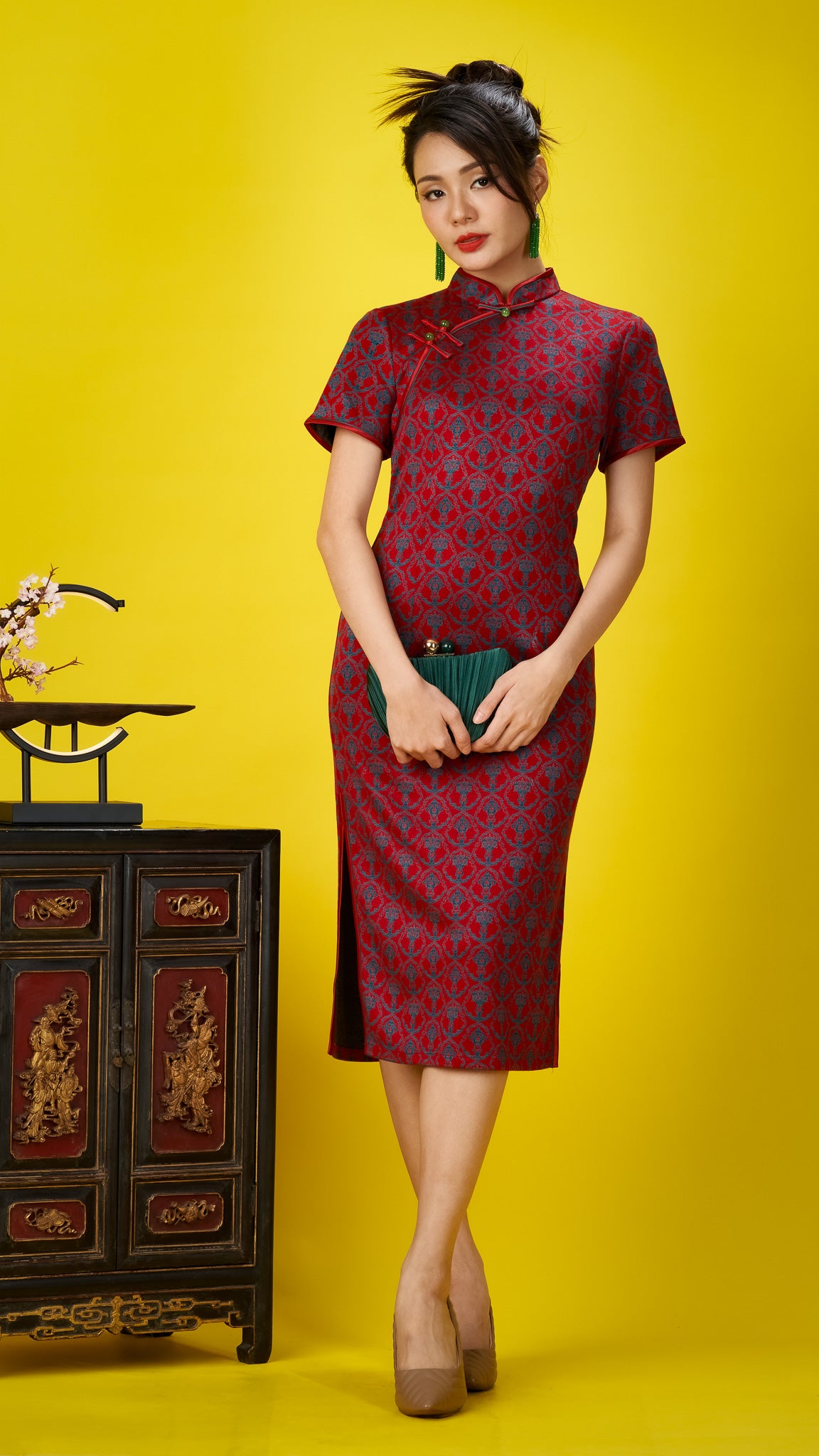 Patterned Red Cotton Stretch Cheong Sam