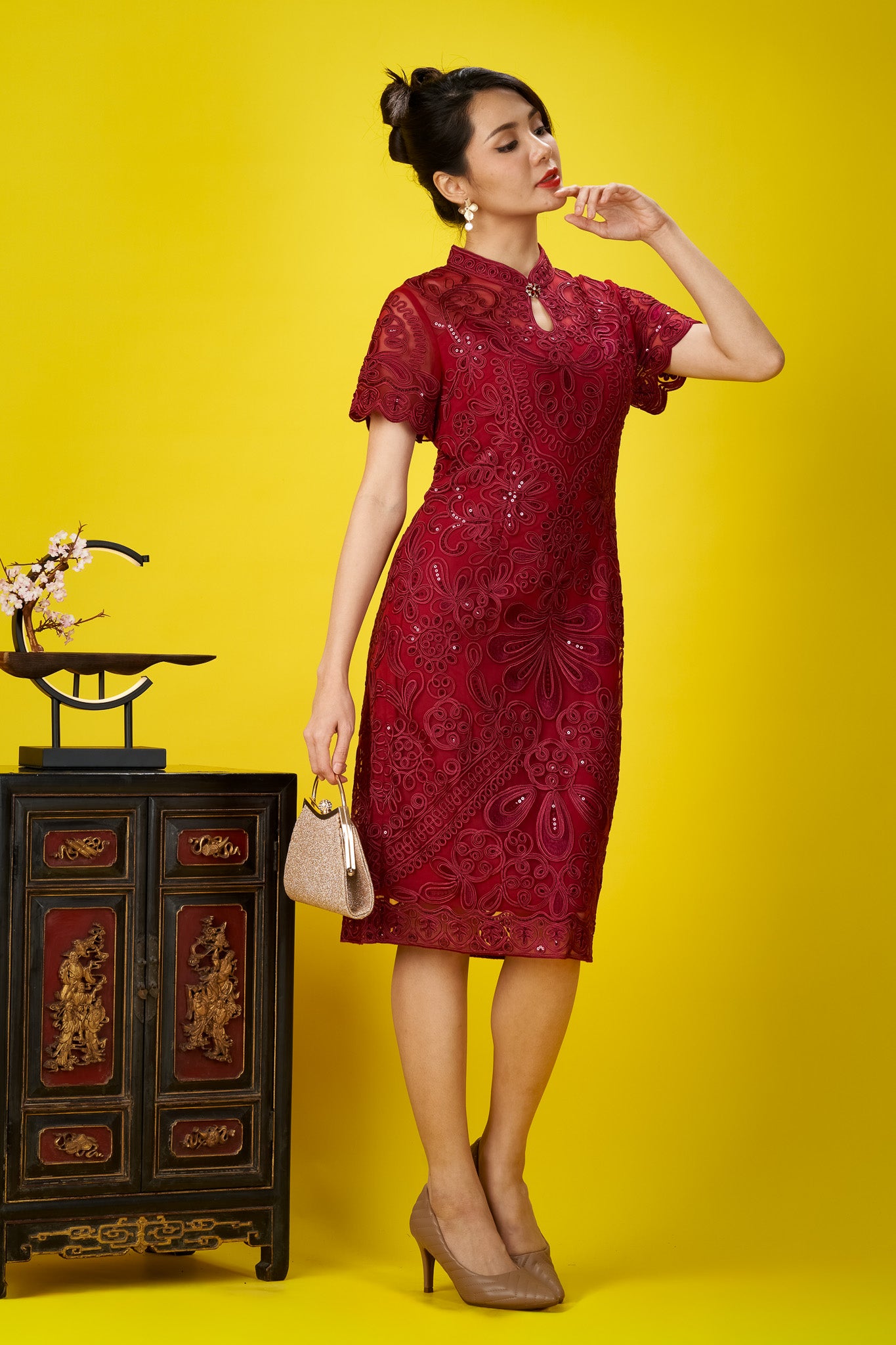 Red Embroidered Soutache Lace Sleeved Cheong Sam