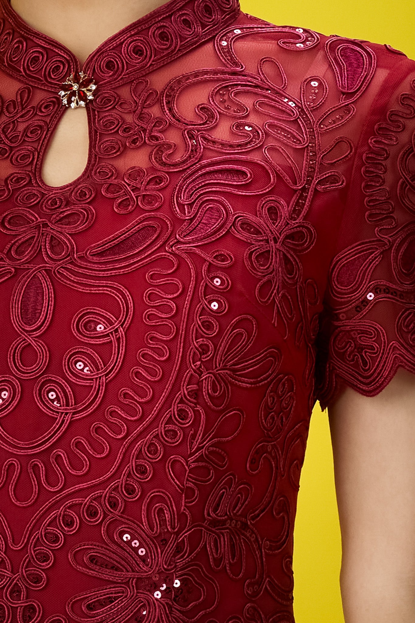 Red Embroidered Soutache Lace Sleeved Cheong Sam