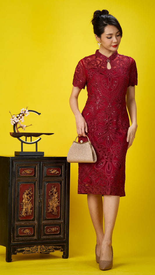 Red Embroidered Soutache Lace Sleeved Cheong Sam