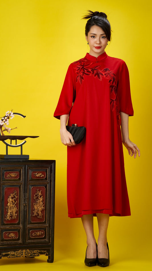 Red Embroidered Dress with 3/4 Sleeves and Mandarin Collar