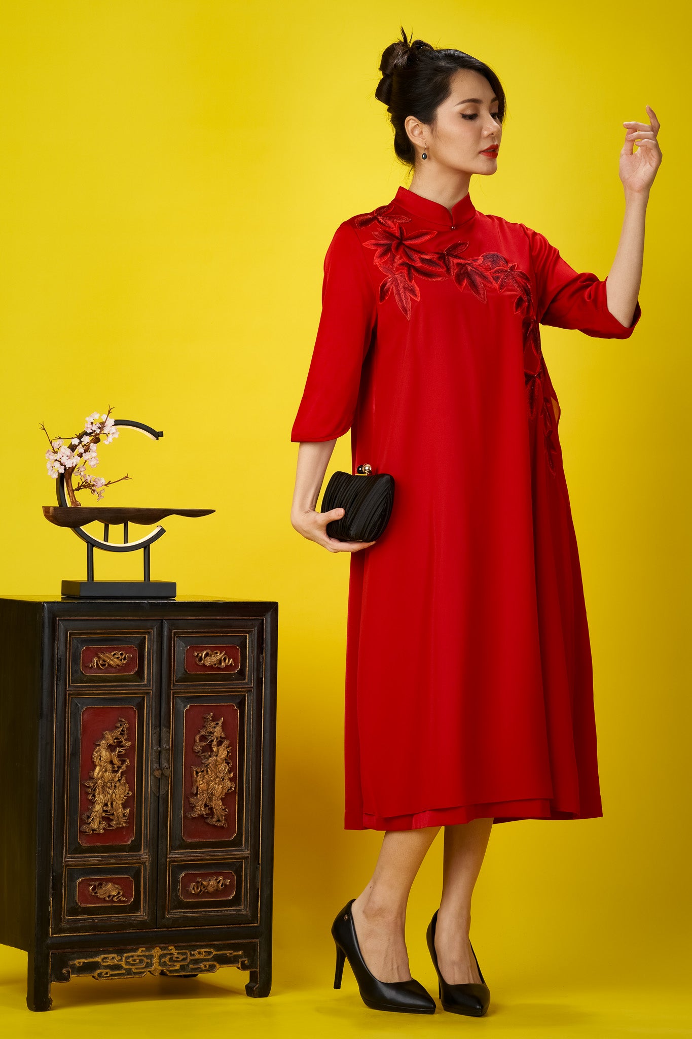 Red Embroidered Dress with 3/4 Sleeves and Mandarin Collar
