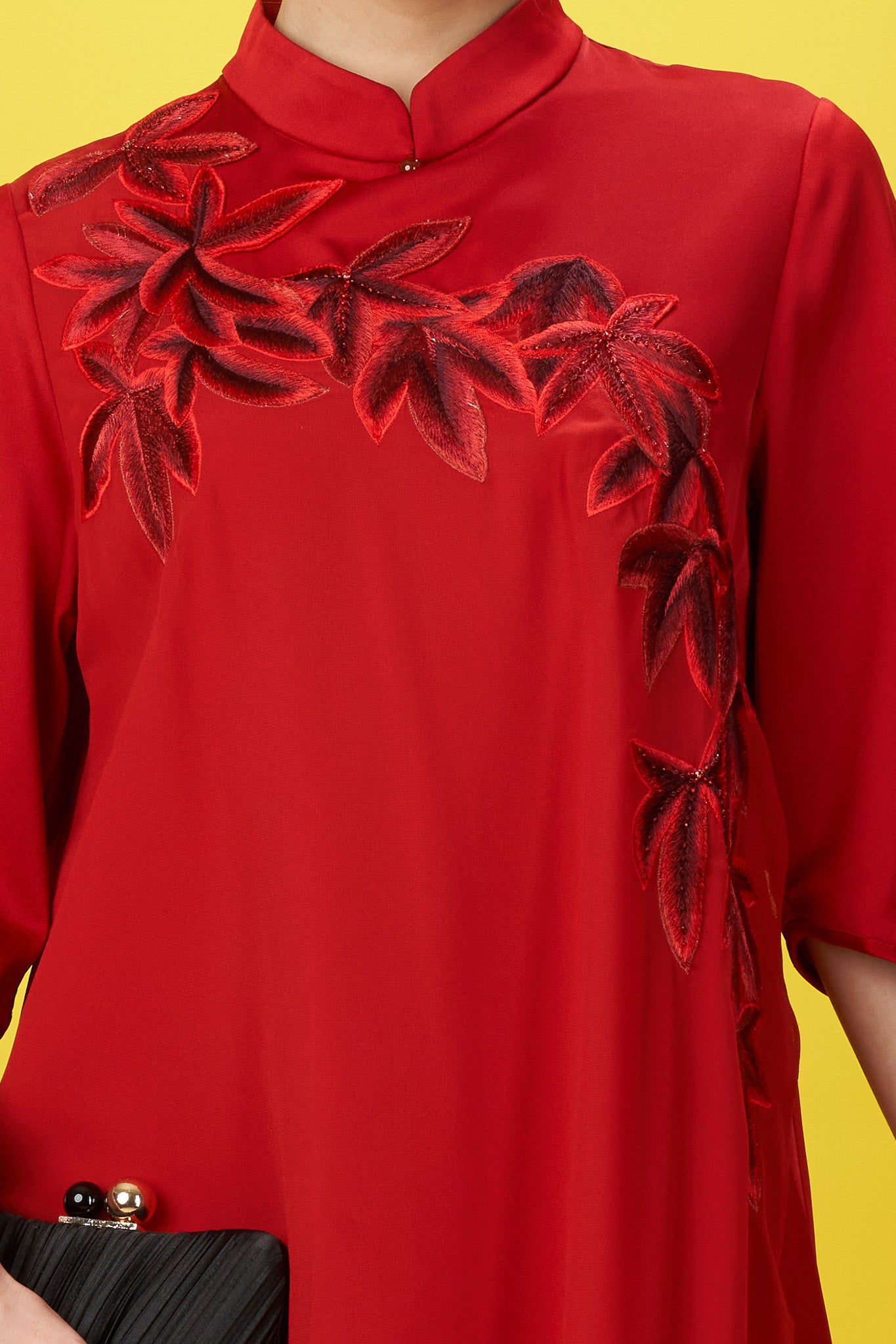 Red Embroidered Dress with 3/4 Sleeves and Mandarin Collar