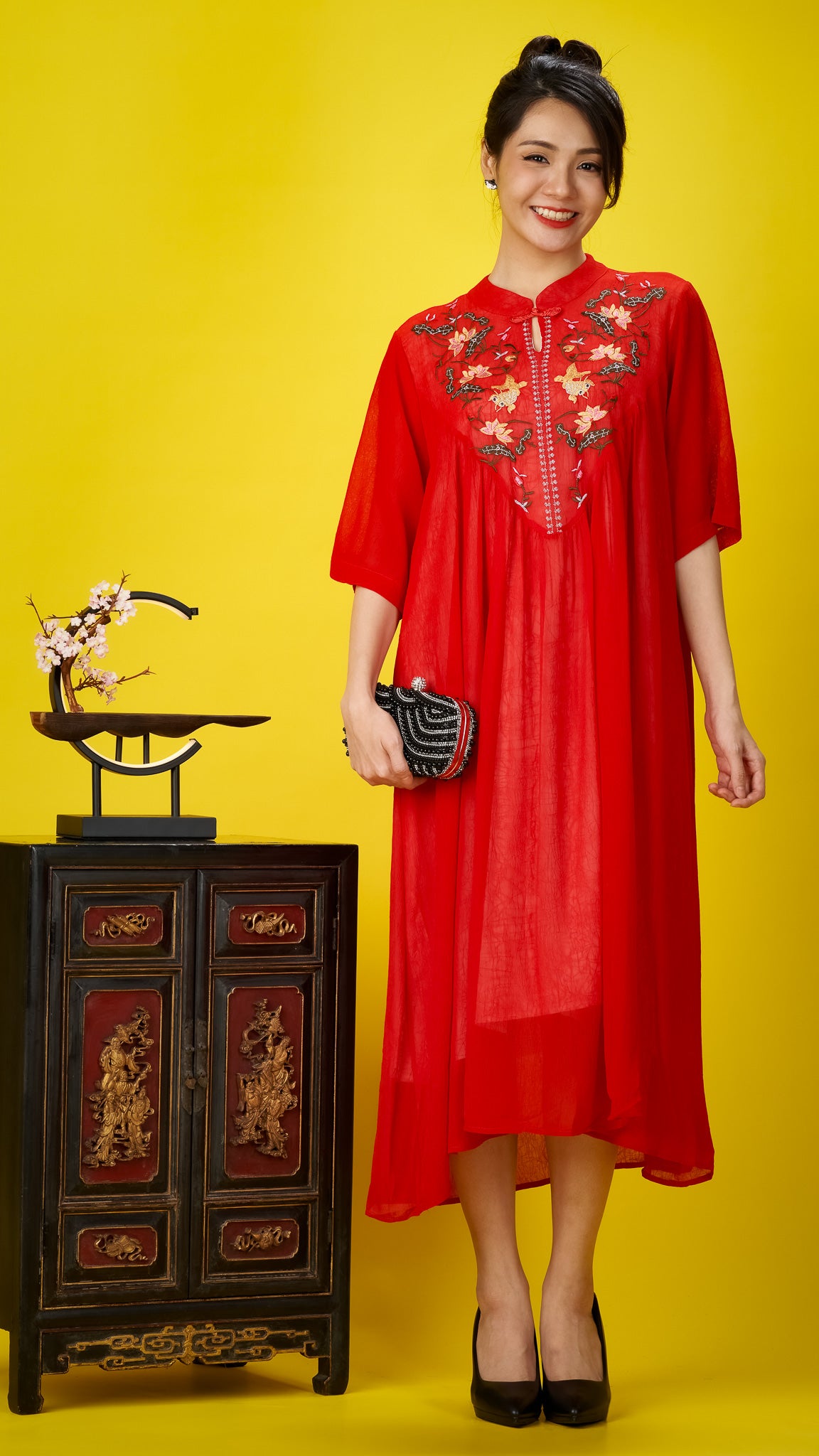 Floral Embroidered Red Chiffon Dress with Mandarin Collar