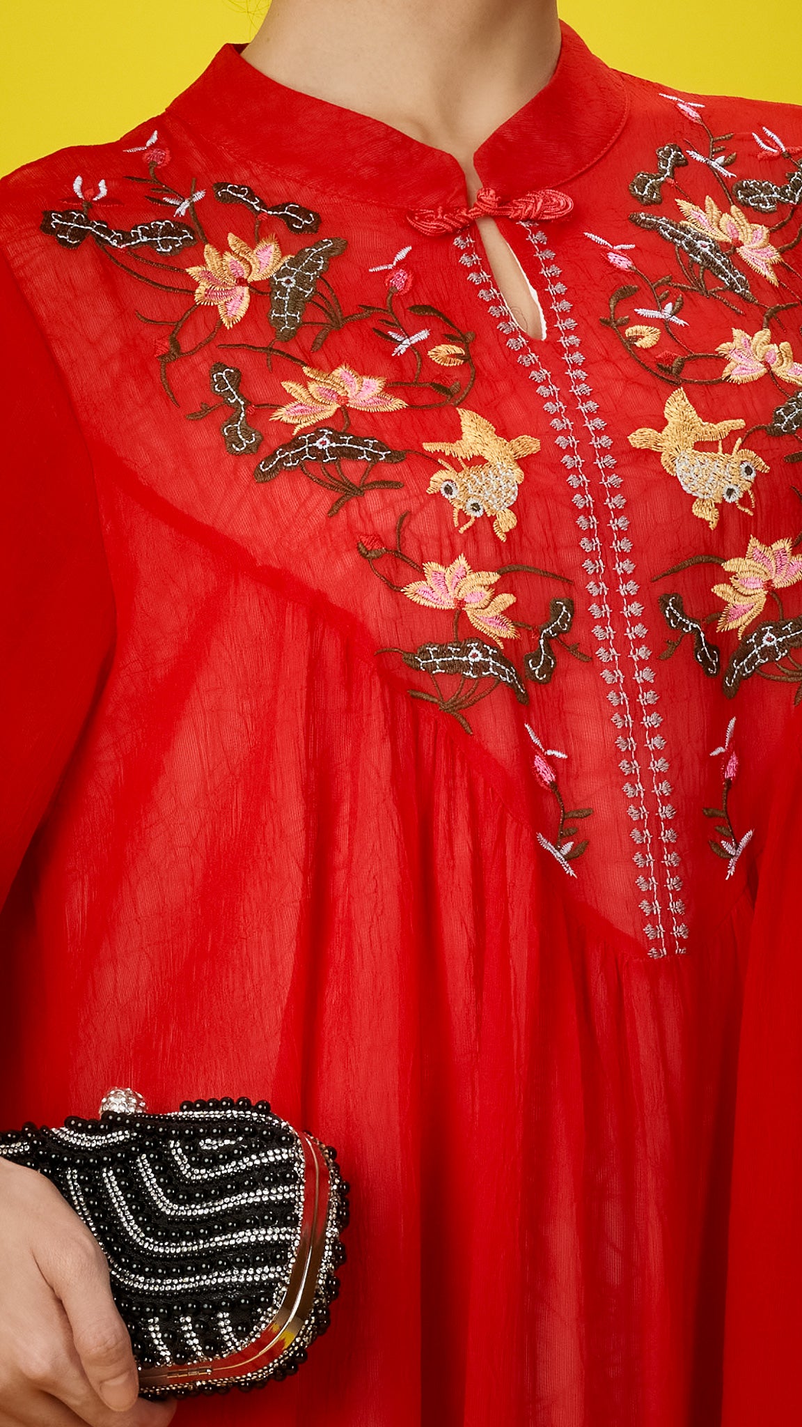 Floral Embroidered Red Chiffon Dress with Mandarin Collar