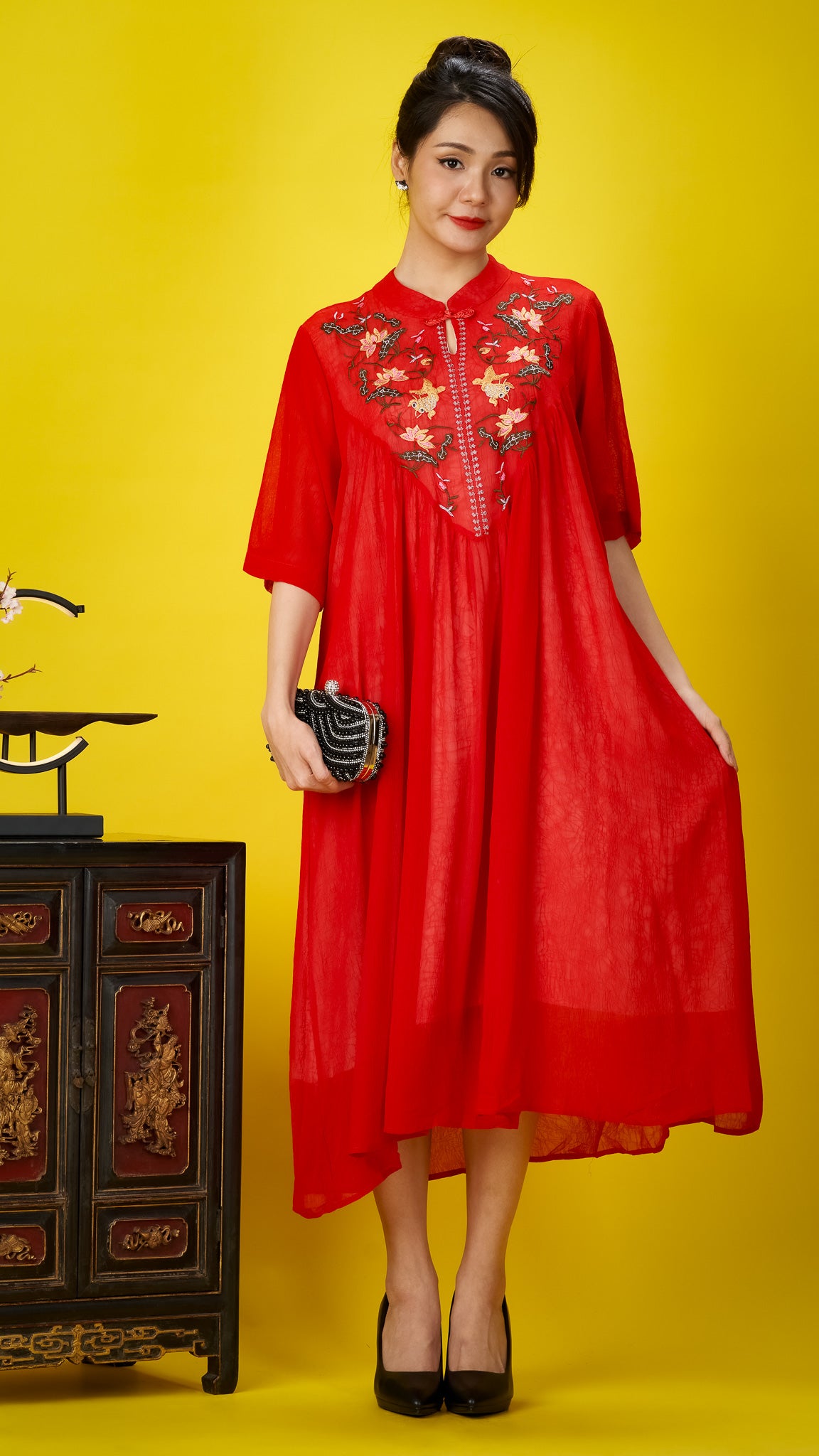 Floral Embroidered Red Chiffon Dress with Mandarin Collar