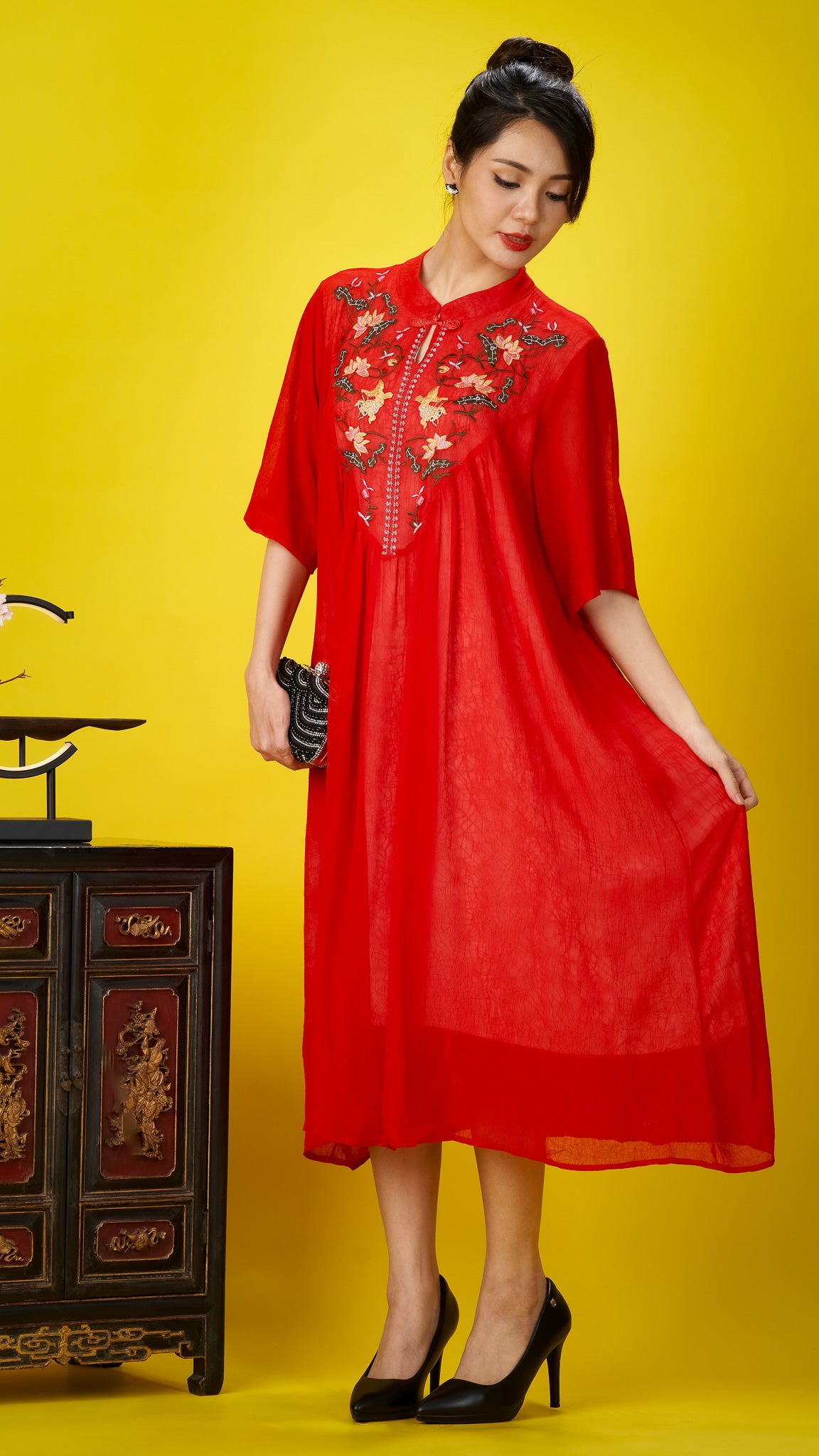 Floral Embroidered Red Chiffon Dress with Mandarin Collar