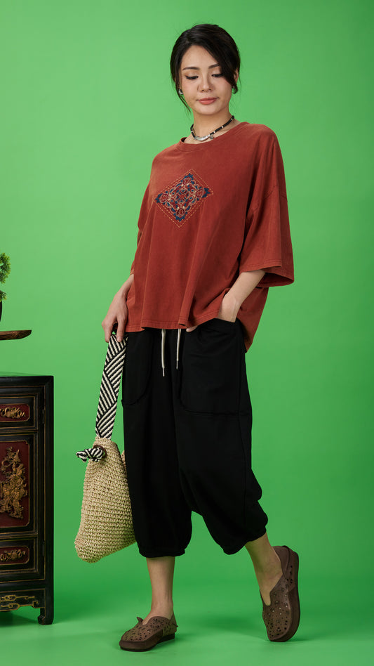 Oversized Drop-shoulder Maroon Stone-washed Cotton T-shirt