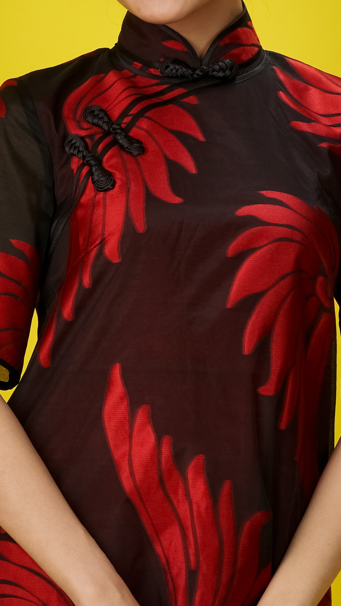 Red & Black Patterned Organza A-line Cheong Sam Dress