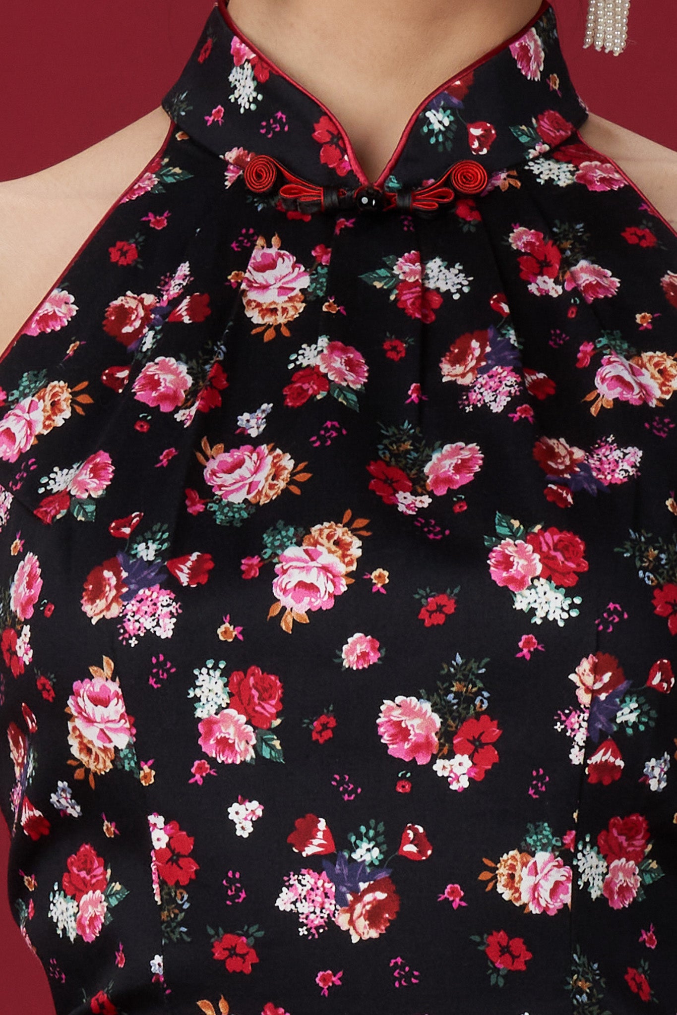 Black & Red Floral Cotton Halter Neck Cheong Sam