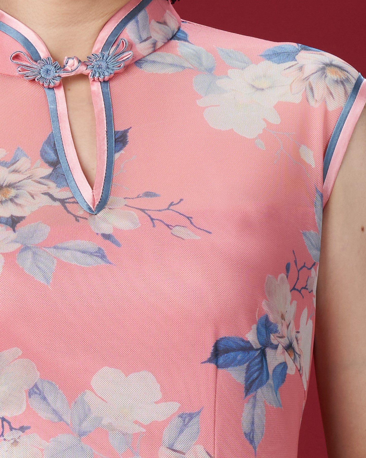 Pink Floral Netting Sleeveless Cheong Sam