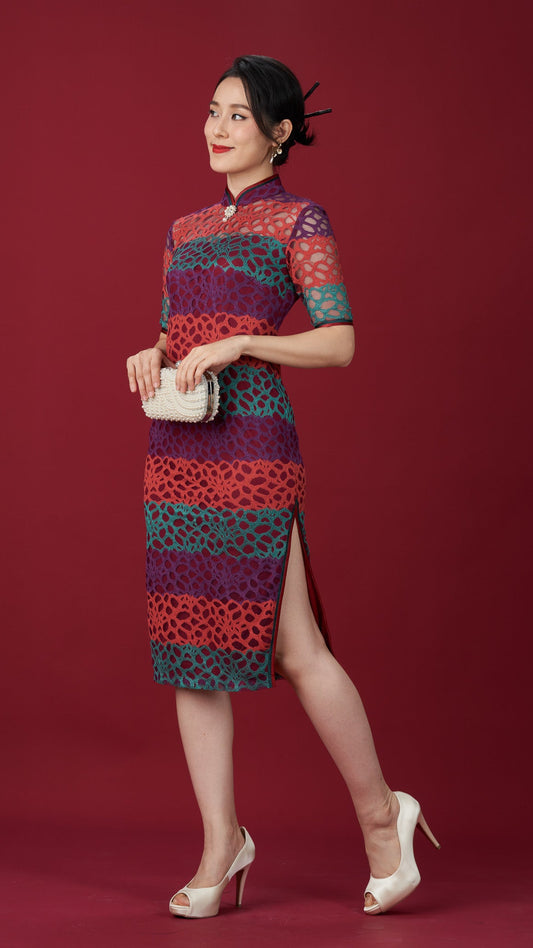 Multi-coloured Striped Lace Elbow Length Sleeved Cheong Sam