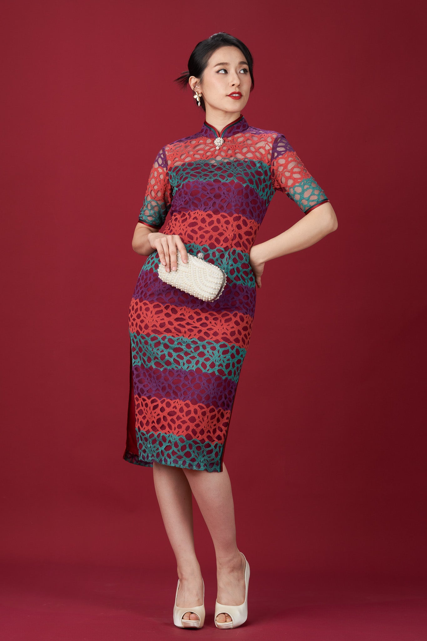 Multi-coloured Striped Lace Elbow Length Sleeved Cheong Sam