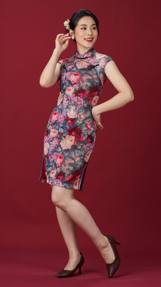Vintage Floral Netting Cap-sleeved Cheong Sam