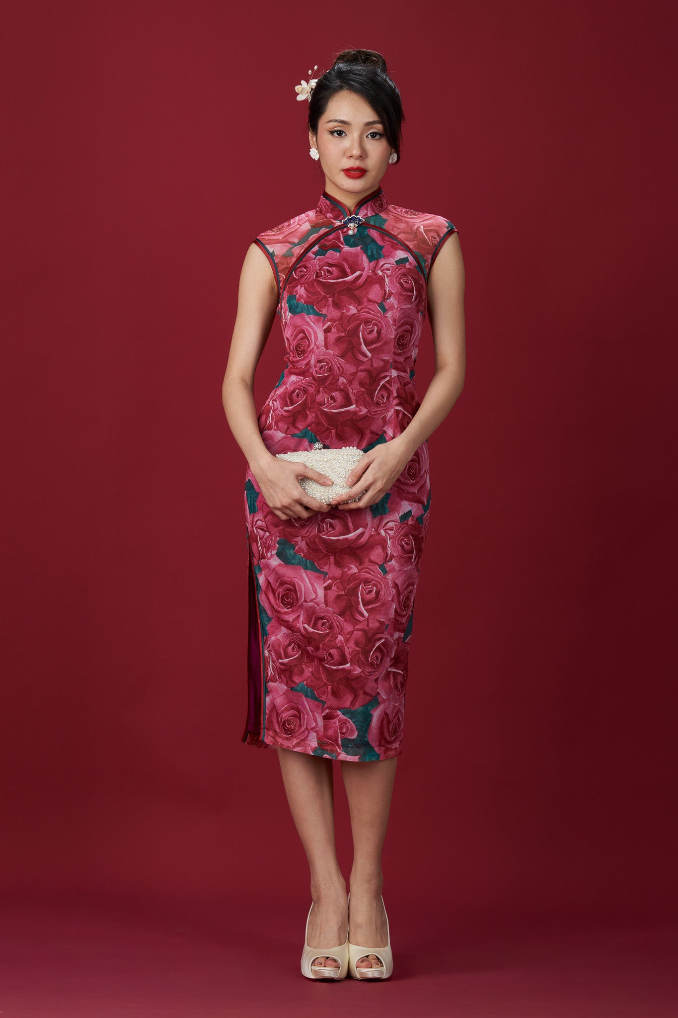 Floral Netting Cap-sleeved Midi Cheong Sam