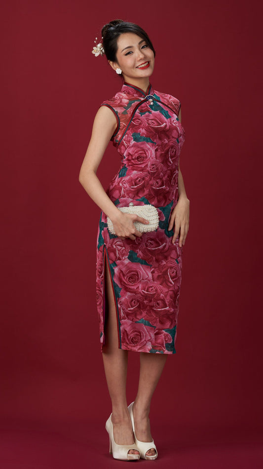 Floral Netting Cap-sleeved Midi Cheong Sam