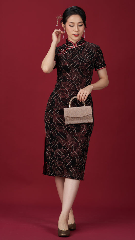 Dark Red Wave Patterned Netting Cheong Sam