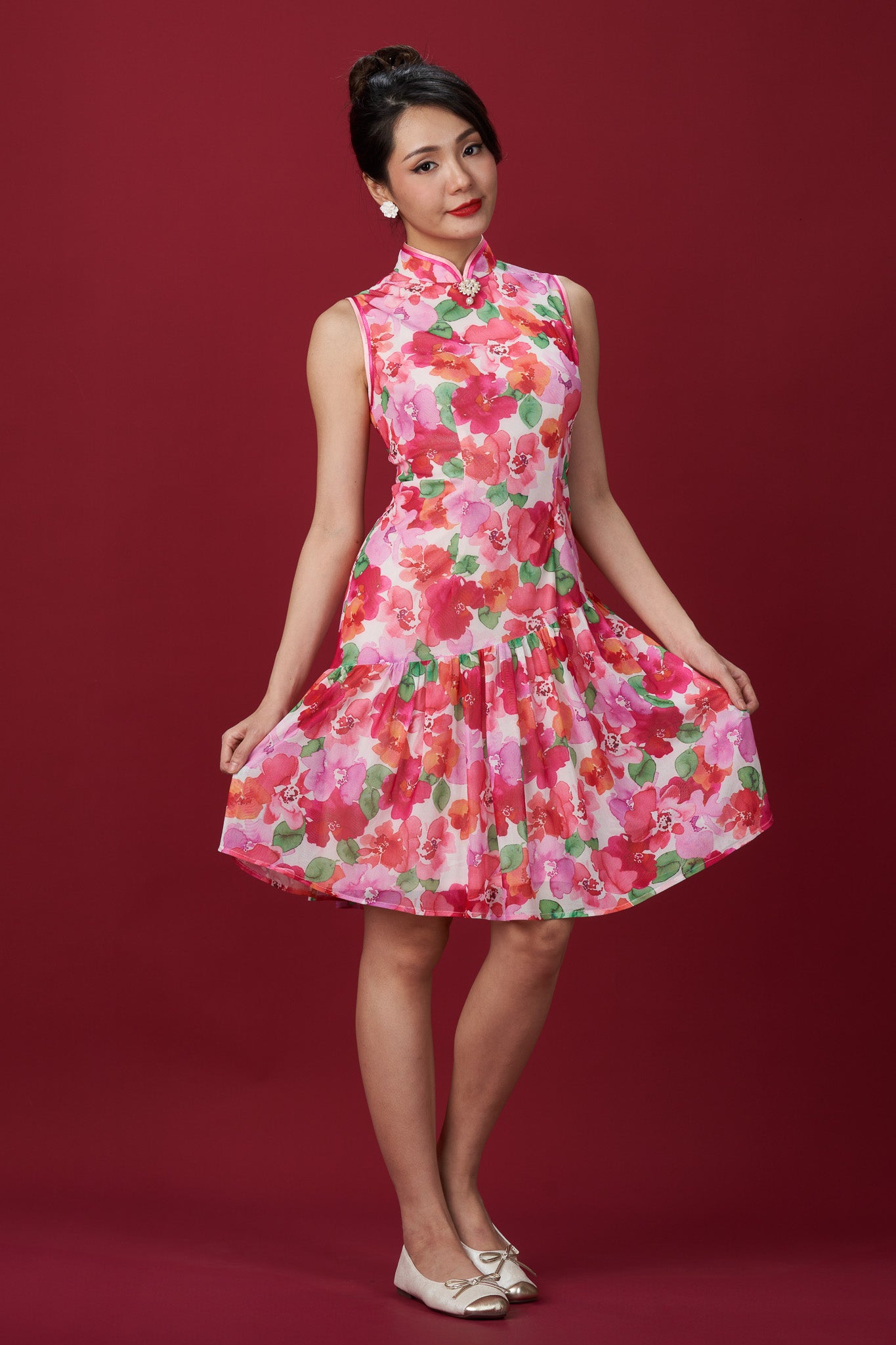 Floral Netting Sleeveless Flared Cheong Sam