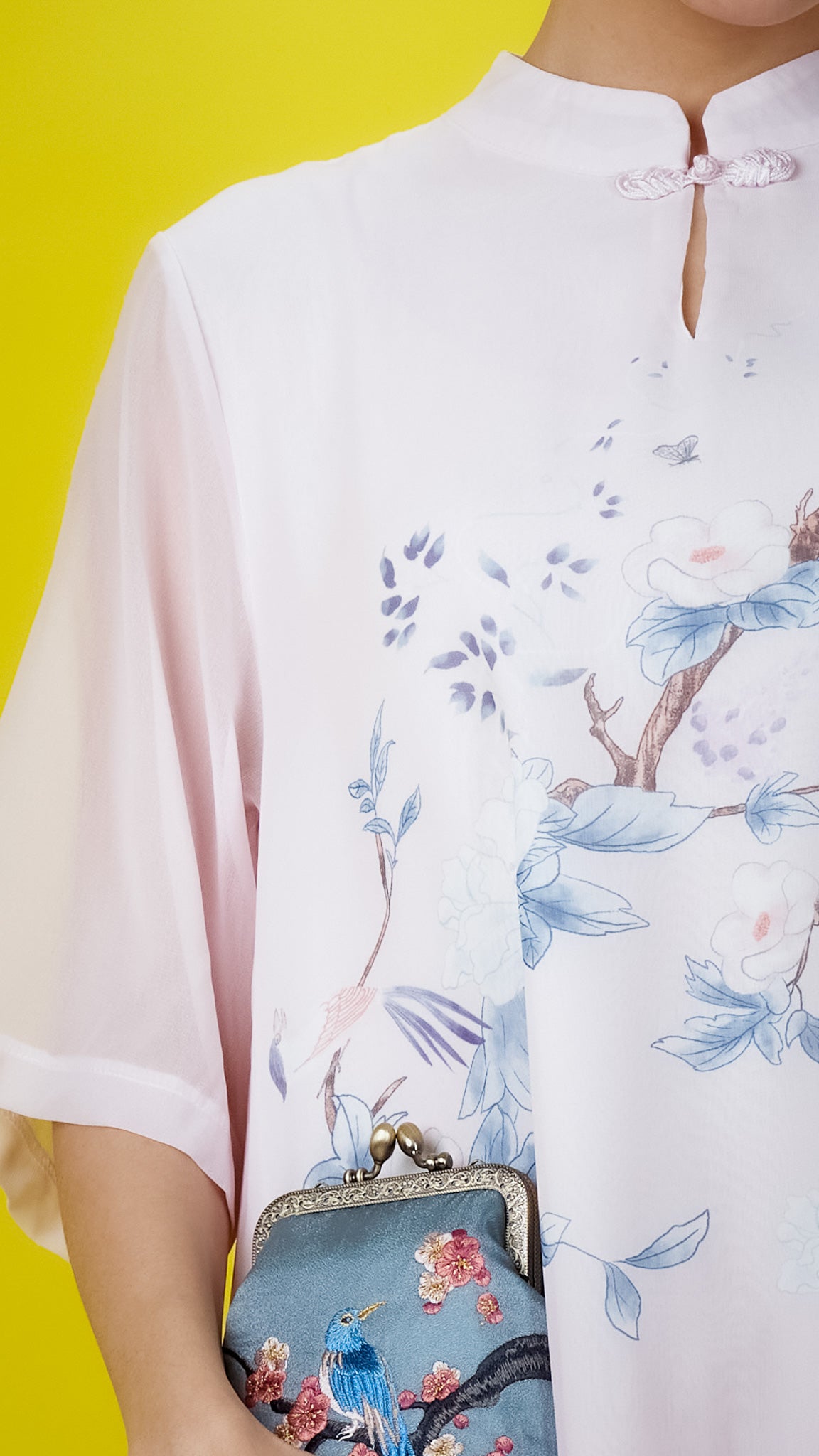 Gradient Pink Floral Printed Chiffon Dress with Mandarin Collar