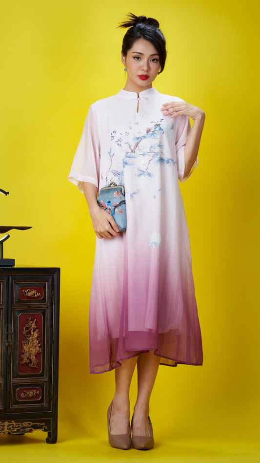 Gradient Pink Floral Printed Chiffon Dress with Mandarin Collar
