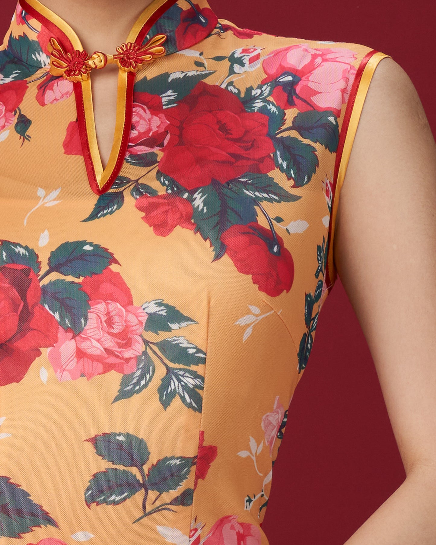 Yellow Floral Netting Sleeveless Cheong Sam